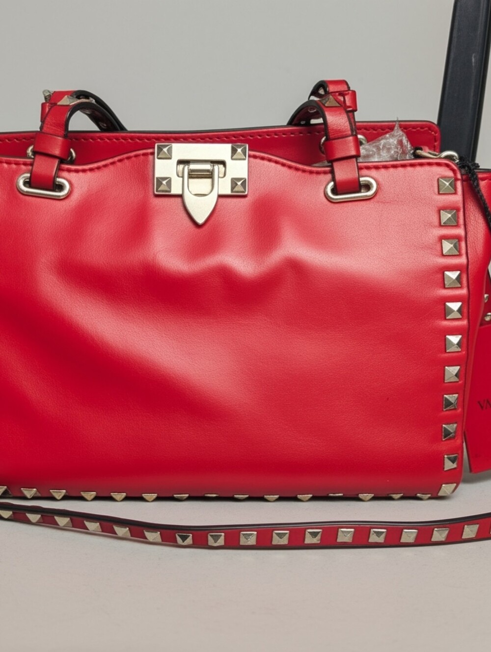 Valentino Garavani Rockstud Red Leather Bag Gold Stud Trim Handbag Tote - Picture 12 of 16